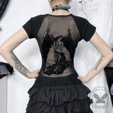 Women's Dark-style Mesh Flocking Printed T-shirt | Gthic.com