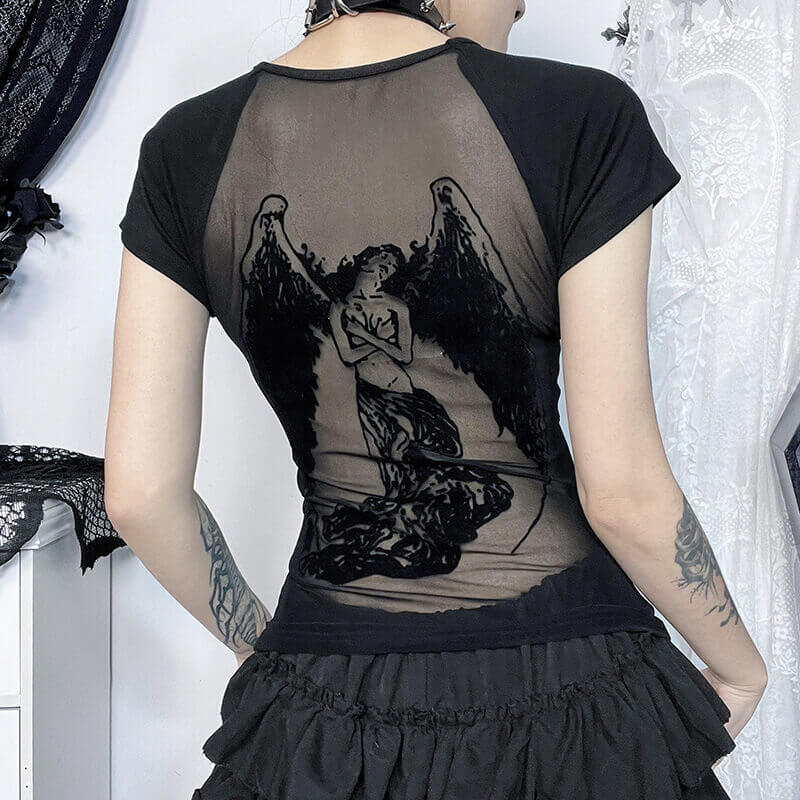 Women's Dark-style Mesh Flocking Printed T-shirt | Gthic.com