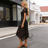 Women's Gothic Retro Dark Yellow Rose Mesh Double Layer Irregular Dress