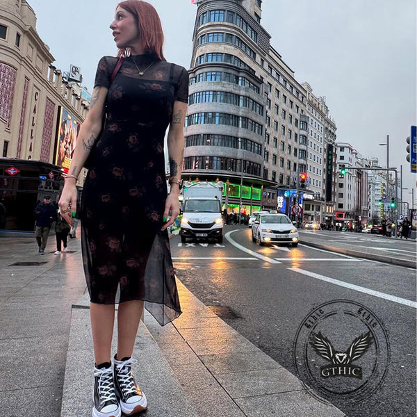 Women's Gothic Retro Dark Yellow Rose Mesh Double Layer Irregular Dress