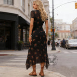 Women's Gothic Retro Dark Yellow Rose Mesh Double Layer Irregular Dress