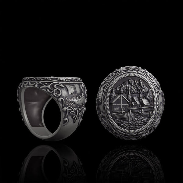 Wooden House Sterling Silver Viking Ring | Gthic.com