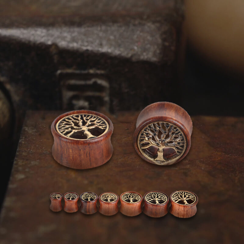 Wooden Tree of Life Brass Ear Gauges | Gthic.com