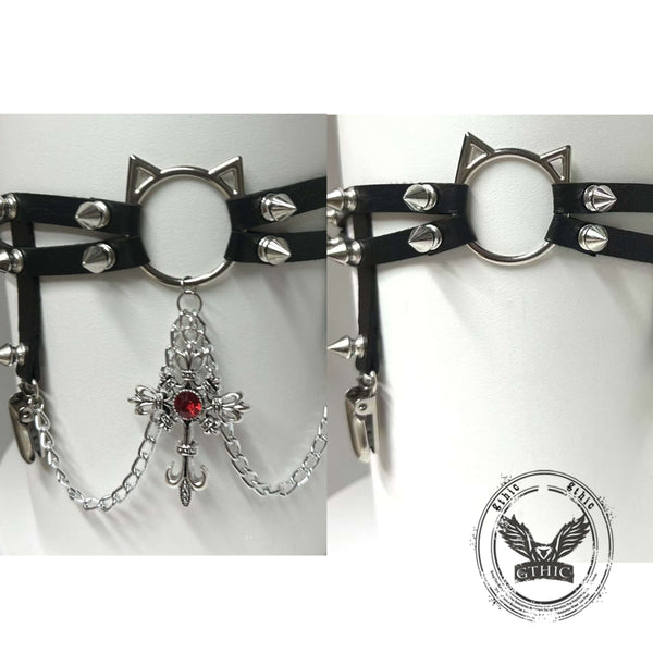 Y2K Cat Chain Leather Rivet Adjustable Strap Thigh Ring