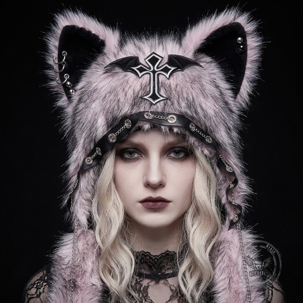 Y2K Cat Ears Crosses Gothic Plush Hat | Gthic.com
