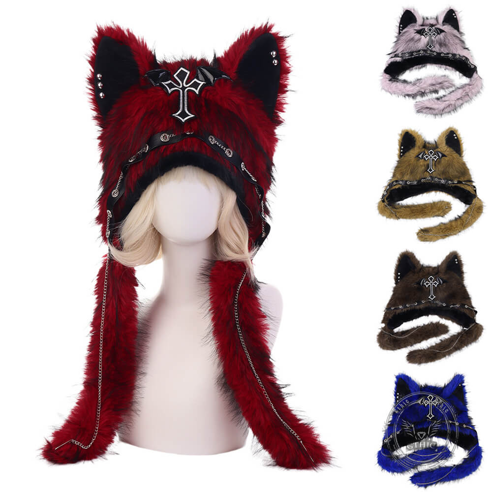 Y2K Cat Ears Crosses Gothic Plush Hat