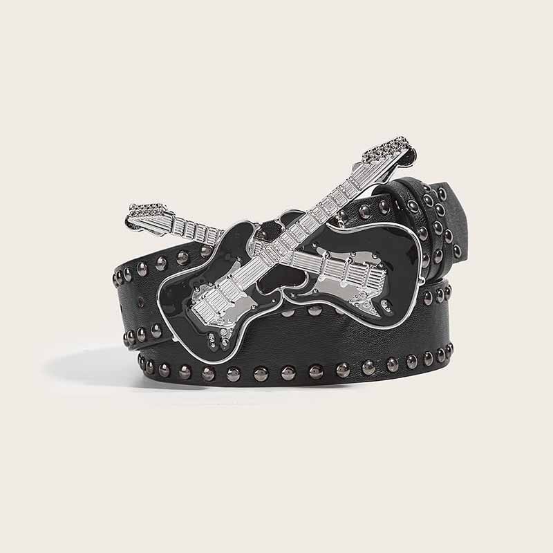 Y2K Fashion Double Guitar Buckle Rivet PU Leather Belt 01 | Gthic.com