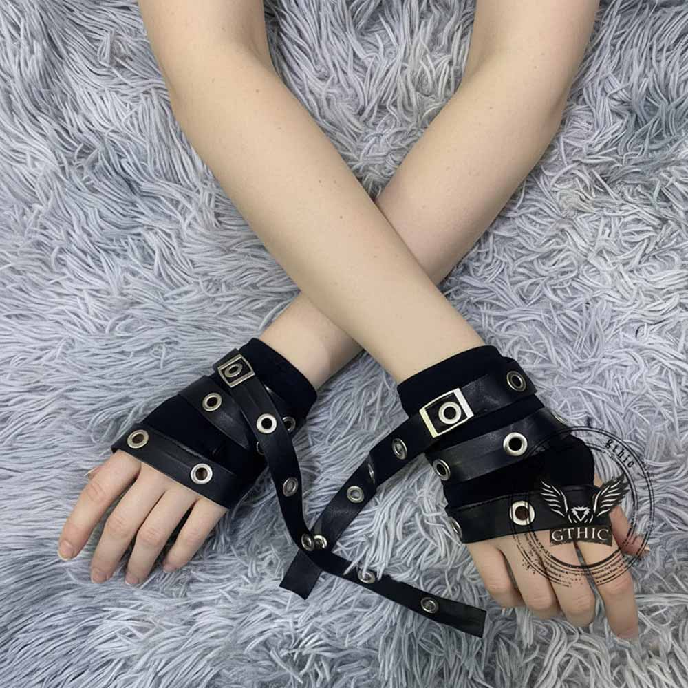 Y2K Gothic PU Strap Half-Finger Sleeve Gloves | Gthic.com
