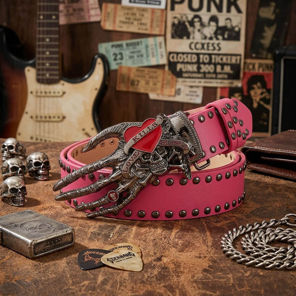 Y2K Gothic Skull Heart Claw PU Leather Studded Belt | Gthic.com