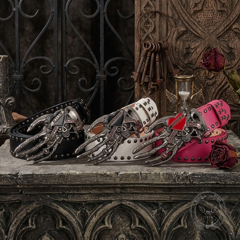 Y2K Gothic Skull Heart Claw PU Leather Studded Belt | Gthic.com
