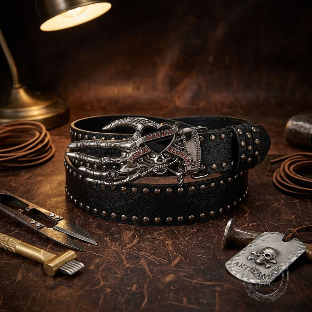 Y2K Gothic Skull Heart Claw PU Leather Studded Belt
