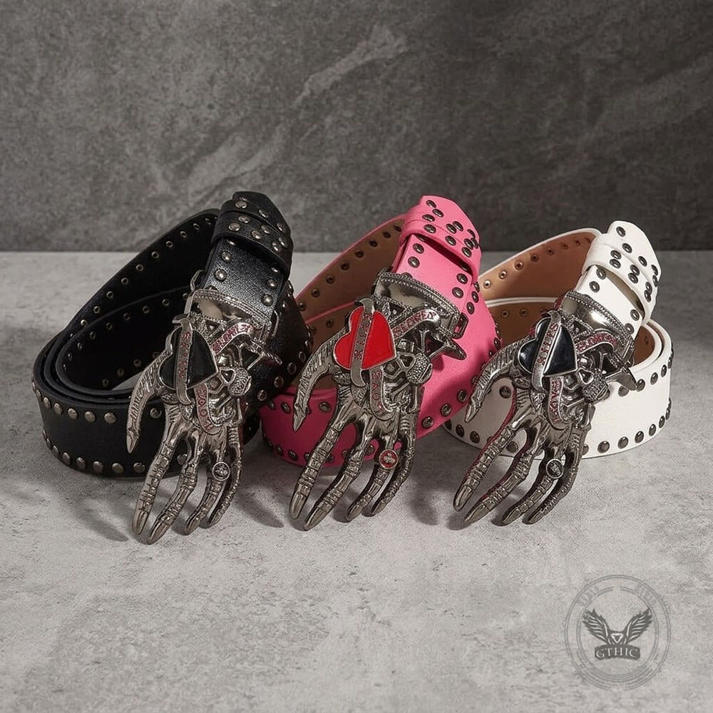 Y2K Gothic Skull Heart Claw PU Leather Studded Belt
