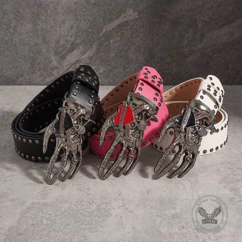 Y2K Gothic Skull Heart Claw PU Leather Studded Belt – GTHIC