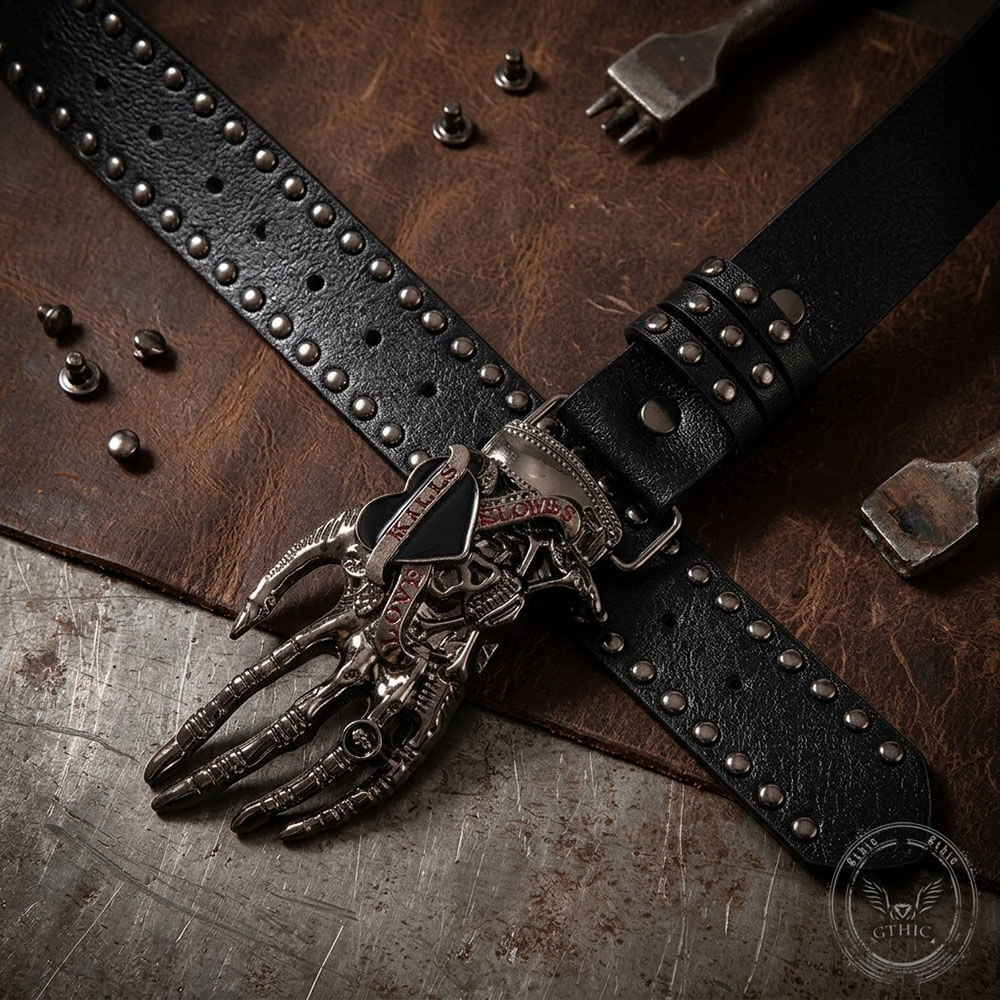 Y2K Gothic Skull Heart Claw PU Leather Studded Belt