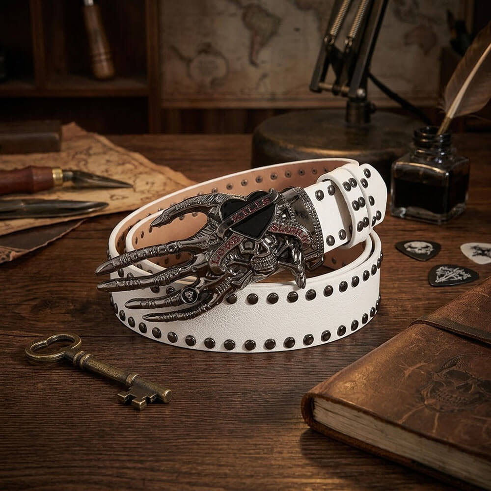 Y2K Gothic Skull Heart Claw PU Leather Studded Belt | Gthic.com