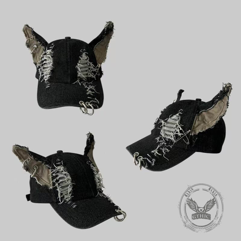 Y2K Iron Ring Ripped Three-Dimensional Ear Baseball Cap