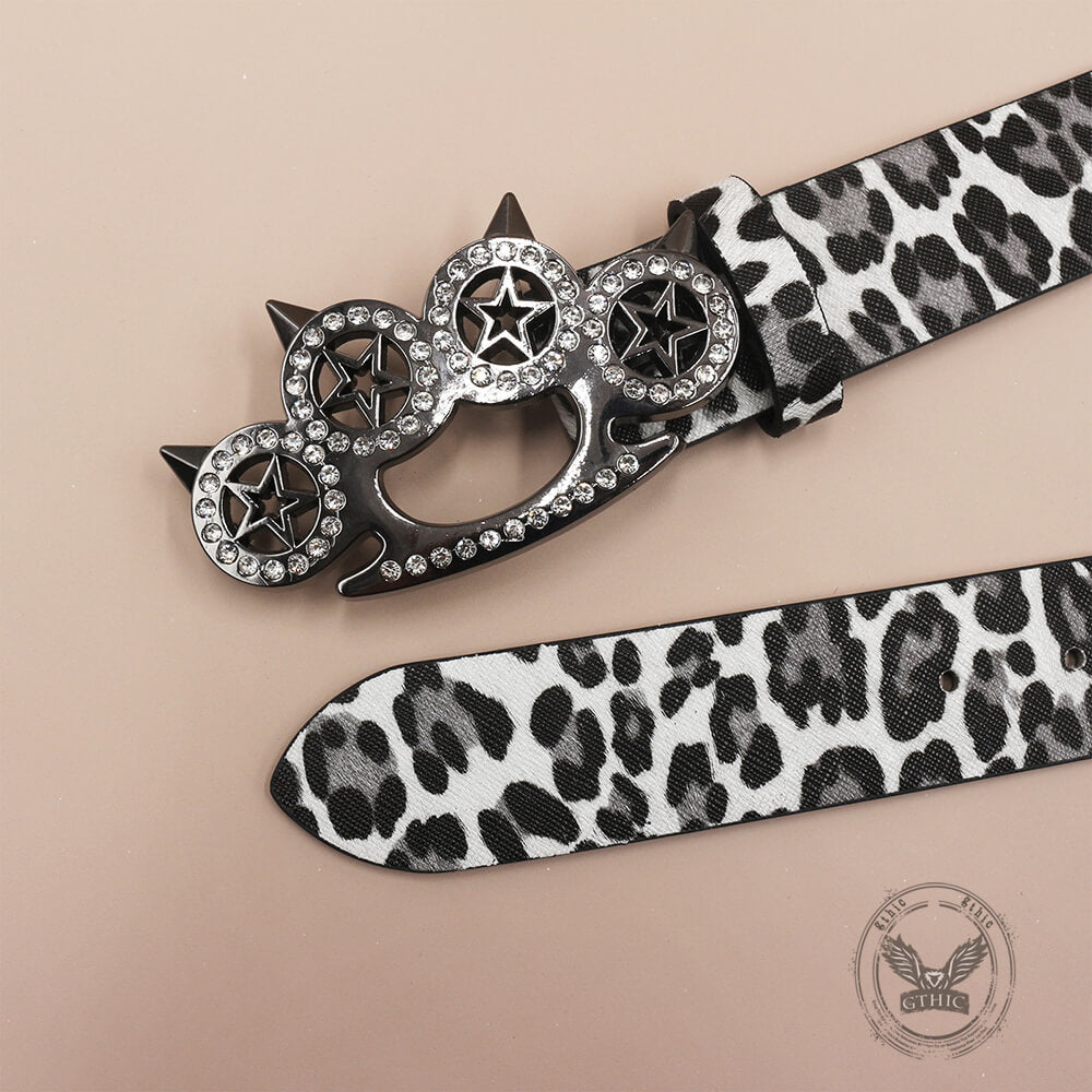 Y2K Leopard Gem Tiger Claw Buckle PU Leather Belt
