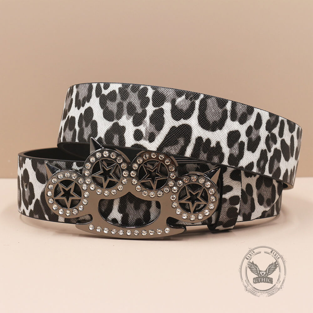 Y2K Leopard Gem Tiger Claw Buckle PU Leather Belt