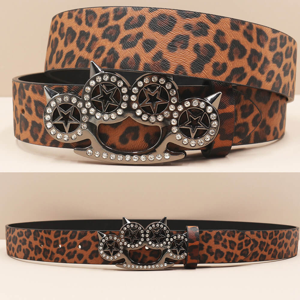 Y2K Leopard Gem Tiger Claw Buckle PU Leather Belt