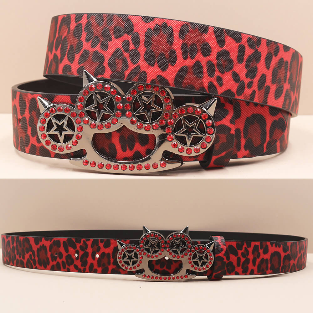 Y2K Leopard Gem Tiger Claw Buckle PU Leather Belt