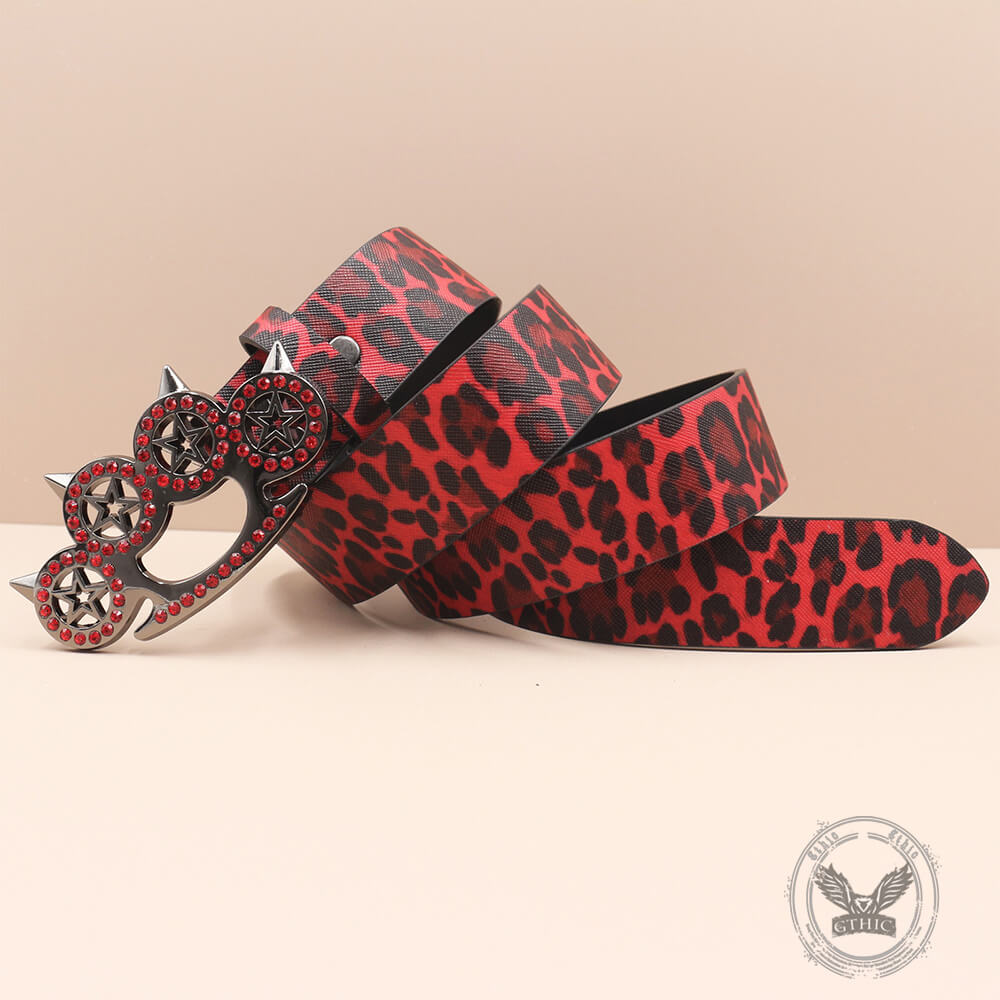Y2K Leopard Gem Tiger Claw Buckle PU Leather Belt