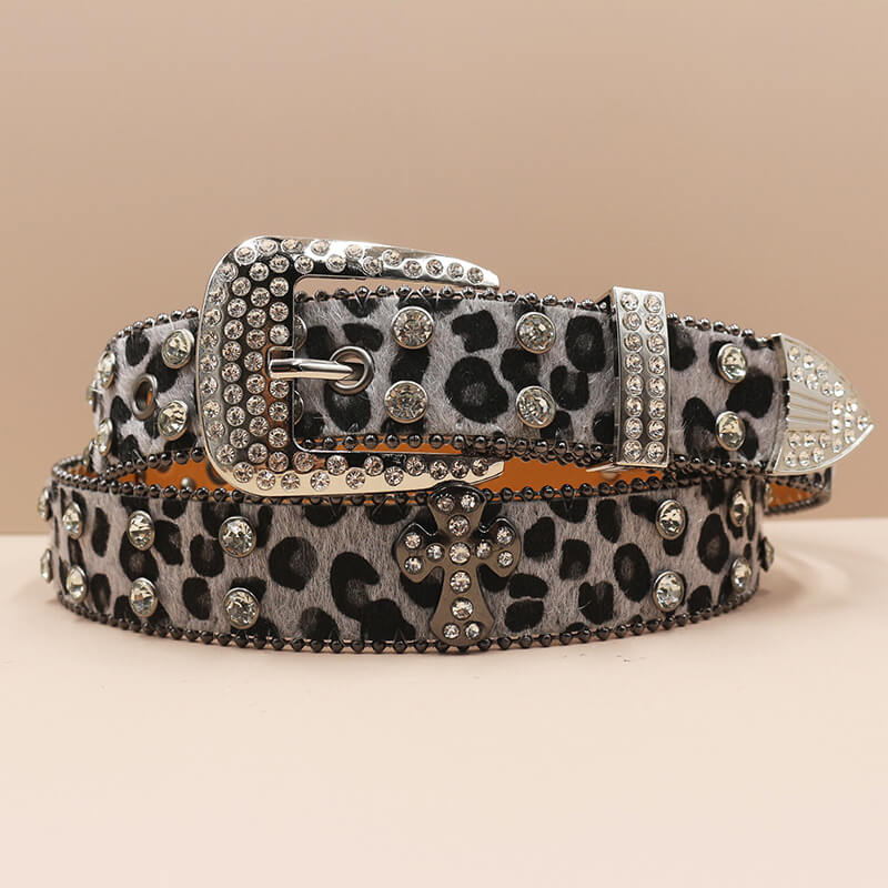 Y2K Leopard Print Rhinestone Cross Rivet PU Leather Belt