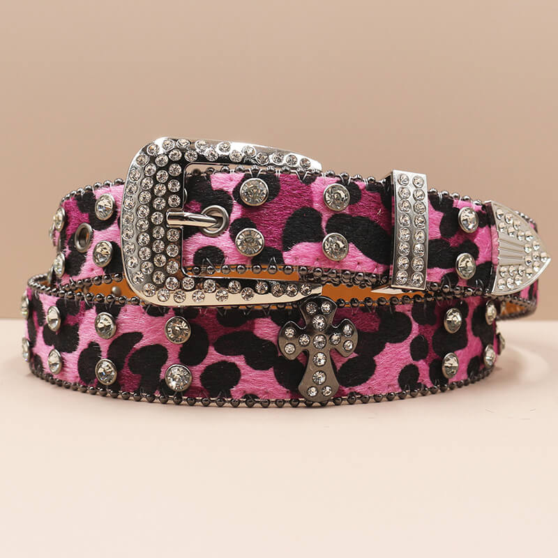 Y2K Leopard Print Rhinestone Cross Rivet PU Leather Belt