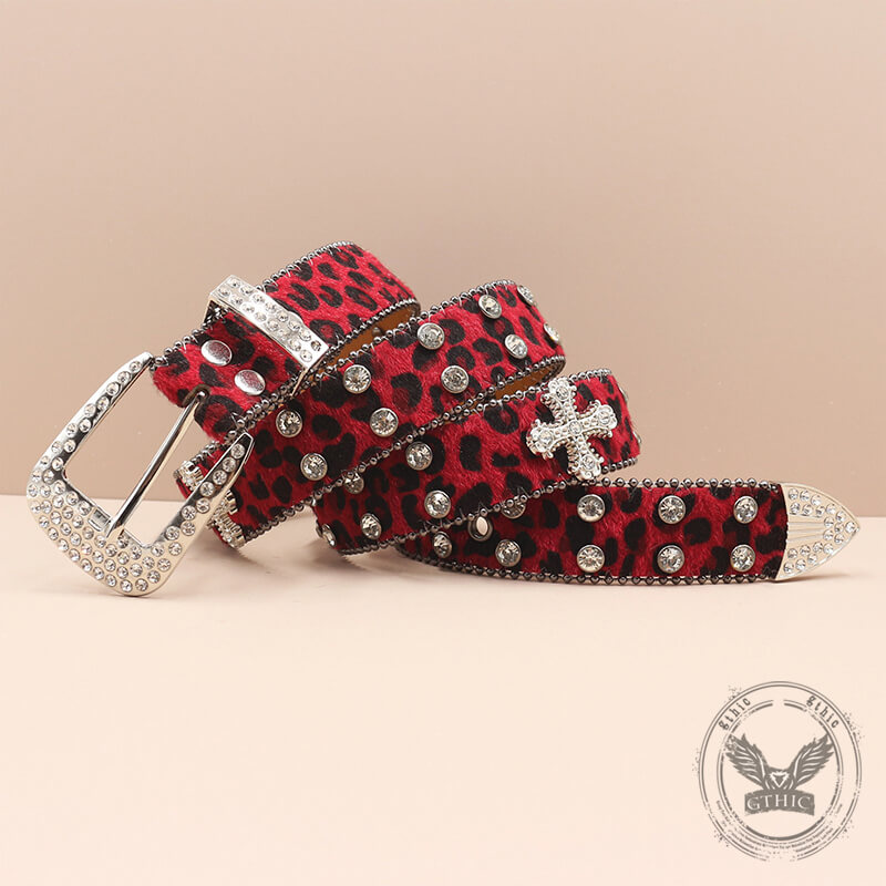 Y2K Leopard Print Rhinestone Cross Rivet PU Leather Belt | Gthic.com