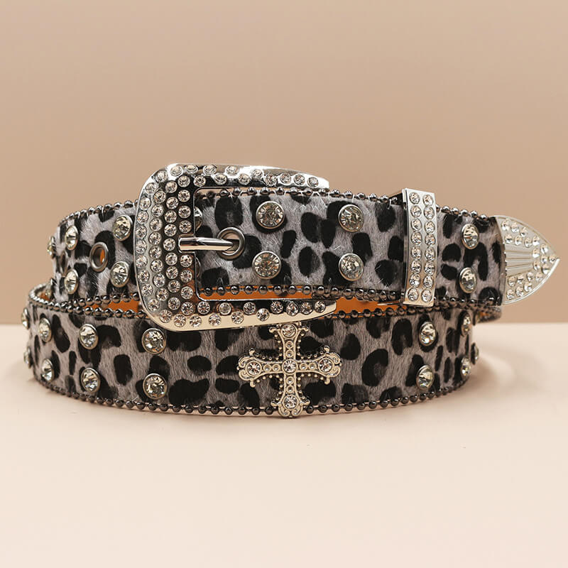 Y2K Leopard Print Rhinestone Cross Rivet PU Leather Belt | Gthic.com