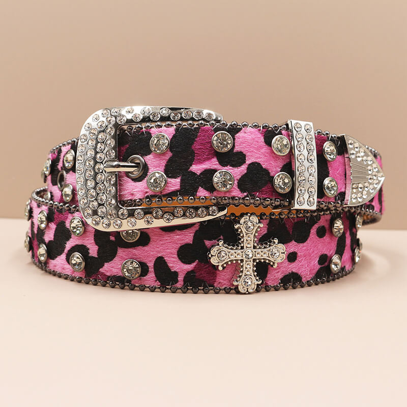 Y2K Leopard Print Rhinestone Cross Rivet PU Leather Belt | Gthic.com