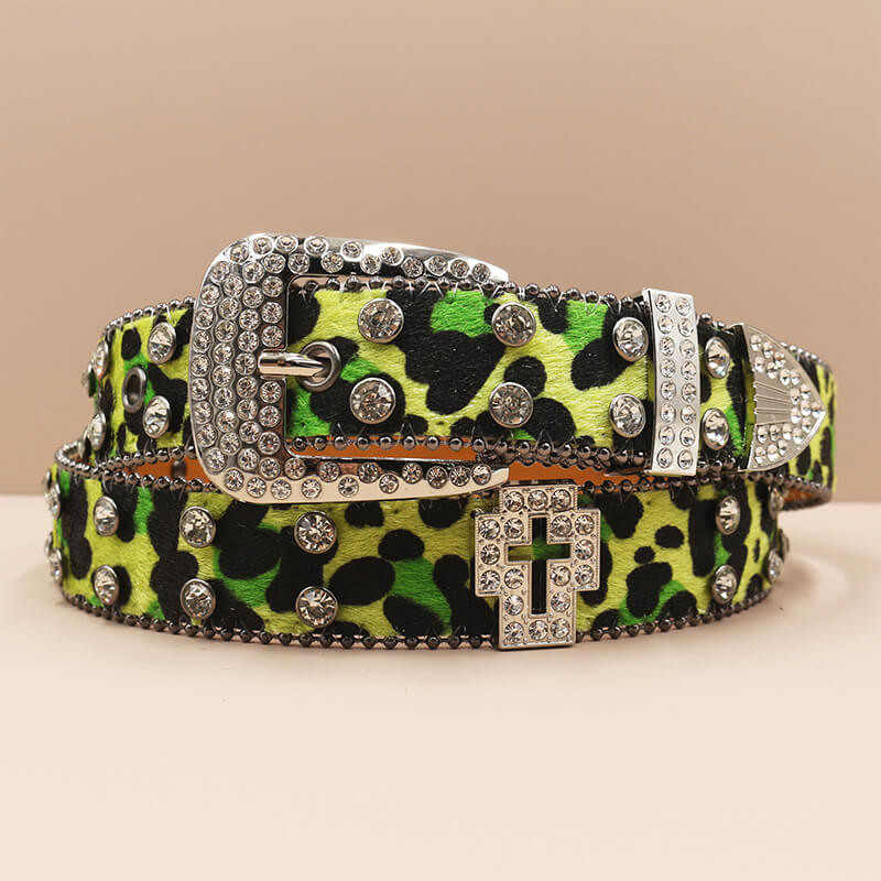 Y2K Leopard Print Rhinestone Cross Rivet PU Leather Belt