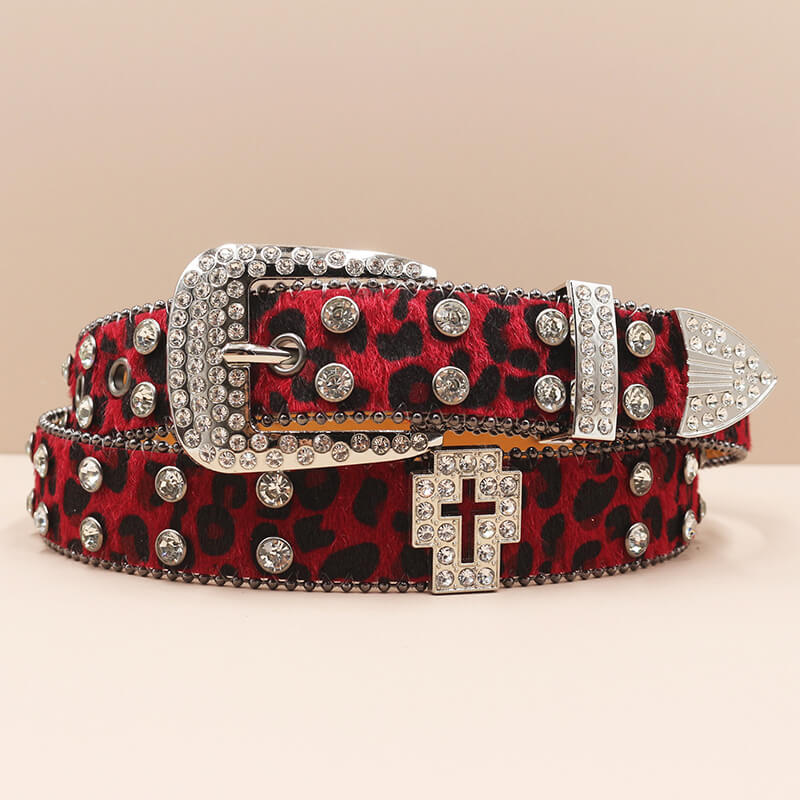 Y2K Leopard Print Rhinestone Cross Rivet PU Leather Belt