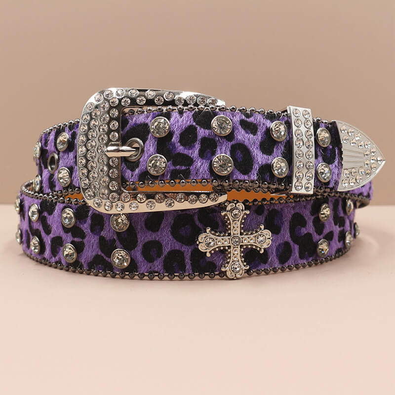 Y2K Leopard Print Rhinestone Cross Rivet PU Leather Belt