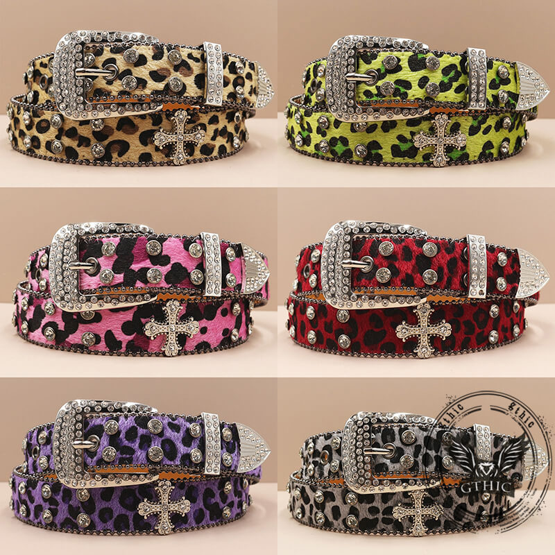 Y2K Leopard Print Rhinestone Cross Rivet PU Leather Belt | Gthic.com