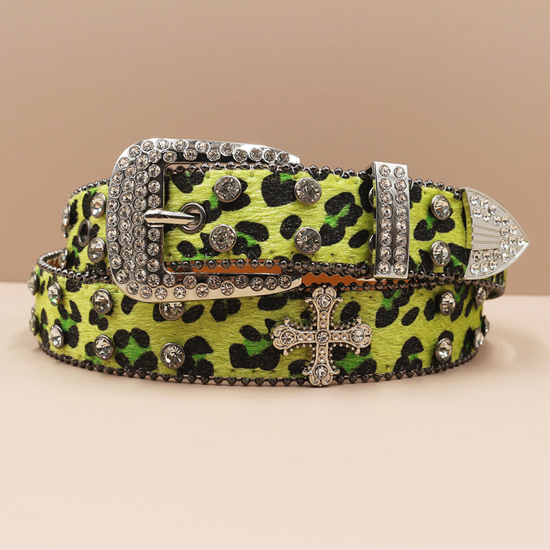 Y2K Leopard Print Rhinestone Cross Rivet PU Leather Belt | Gthic.com