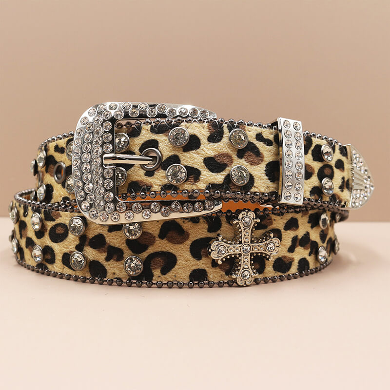 Y2K Leopard Print Rhinestone Cross Rivet PU Leather Belt