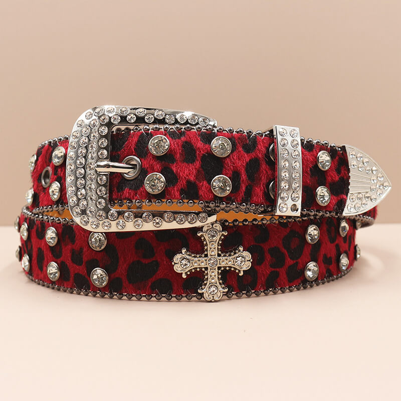 Y2K Leopard Print Rhinestone Cross Rivet PU Leather Belt | Gthic.com