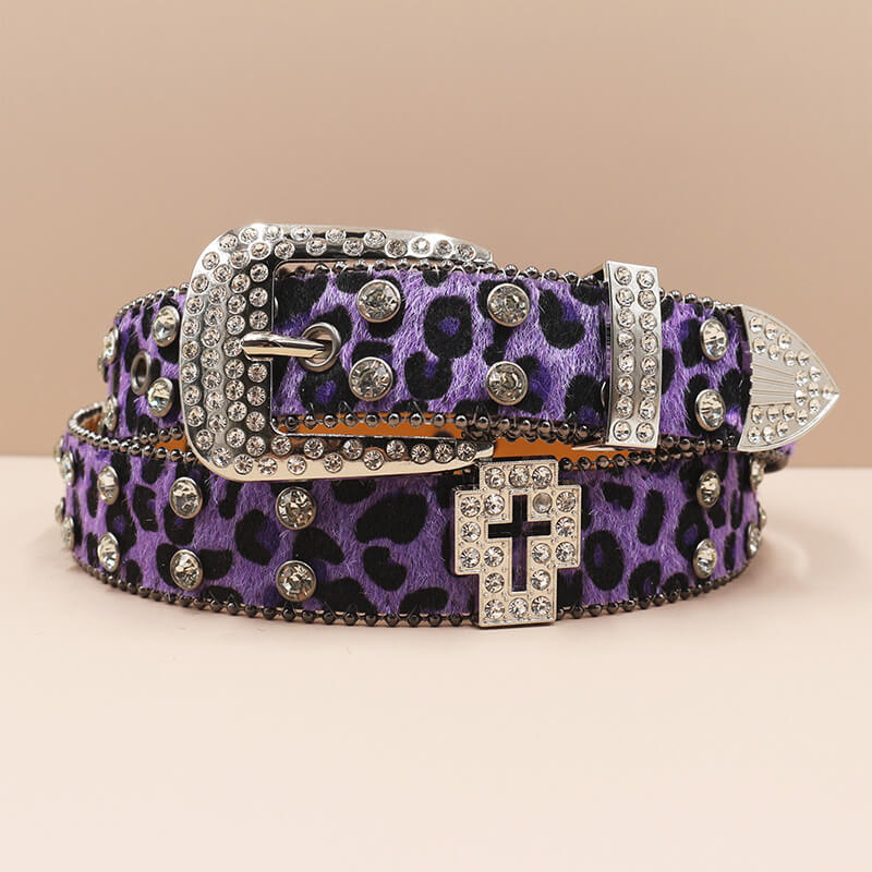 Y2K Leopard Print Rhinestone Cross Rivet PU Leather Belt