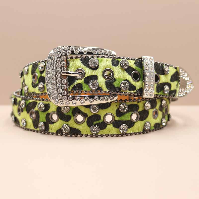 Y2K Leopard Print Rhinestone Eyelet PU Leather Belt 02 | Gthic.com