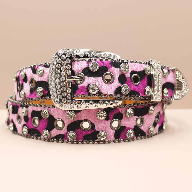 Y2K Leopard Print Rhinestone Eyelet PU Leather Belt 03 | Gthic.com
