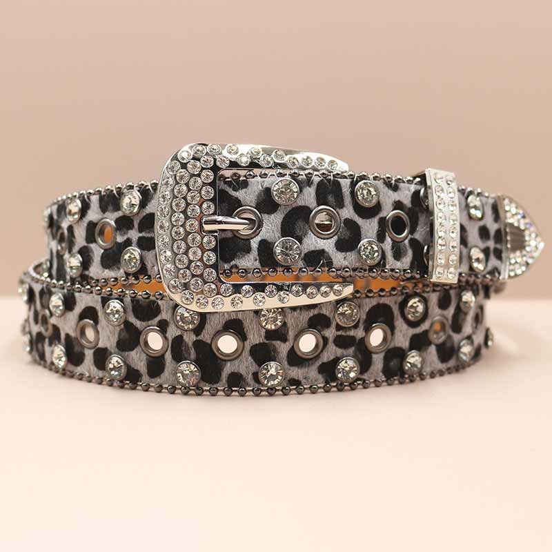 Y2K Leopard Print Rhinestone Eyelet PU Leather Belt
