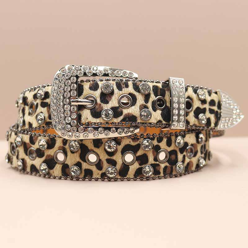 Y2K Leopard Print Rhinestone Eyelet PU Leather Belt