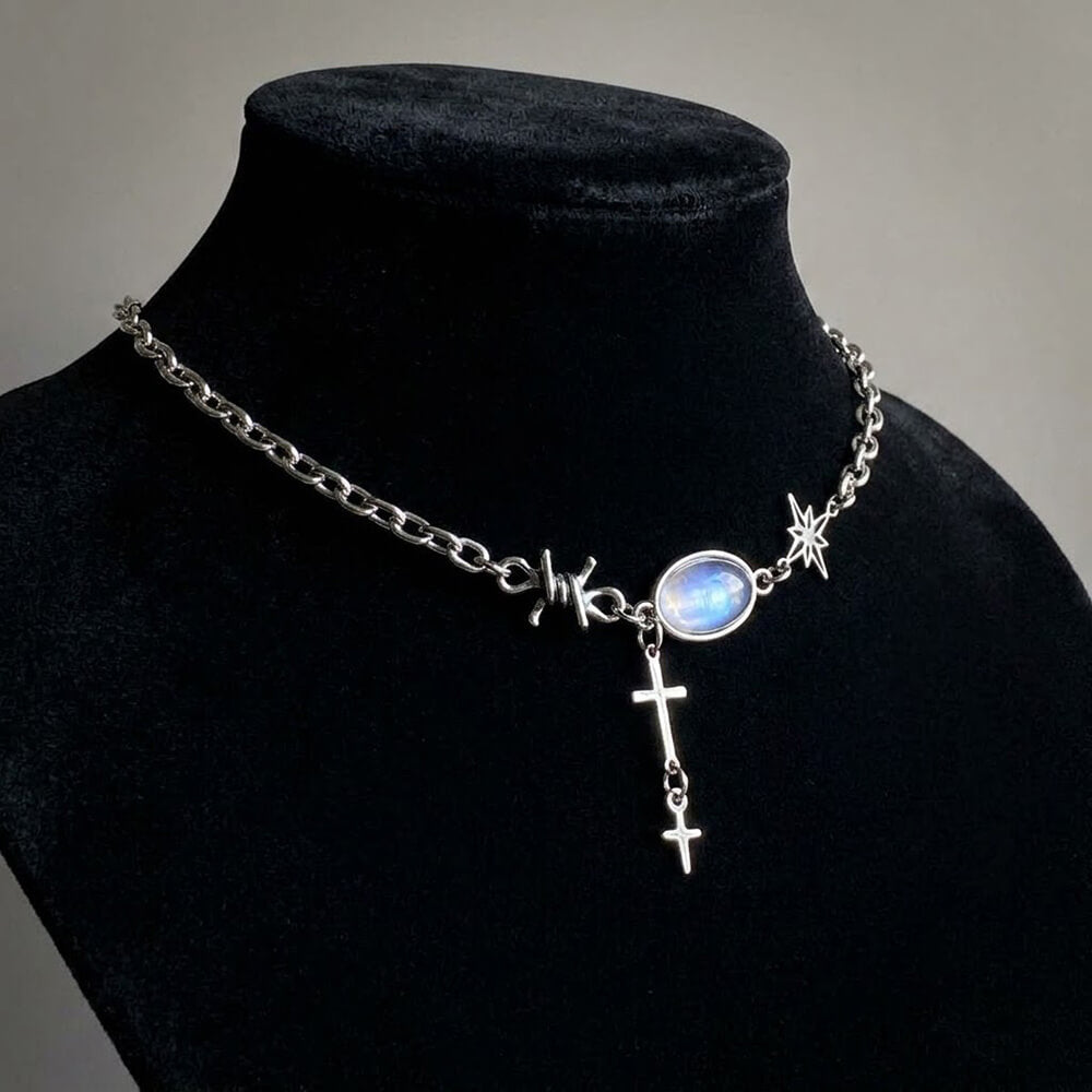 Y2K Polaris Cross Gem Stainless Steel Clavicle Necklace