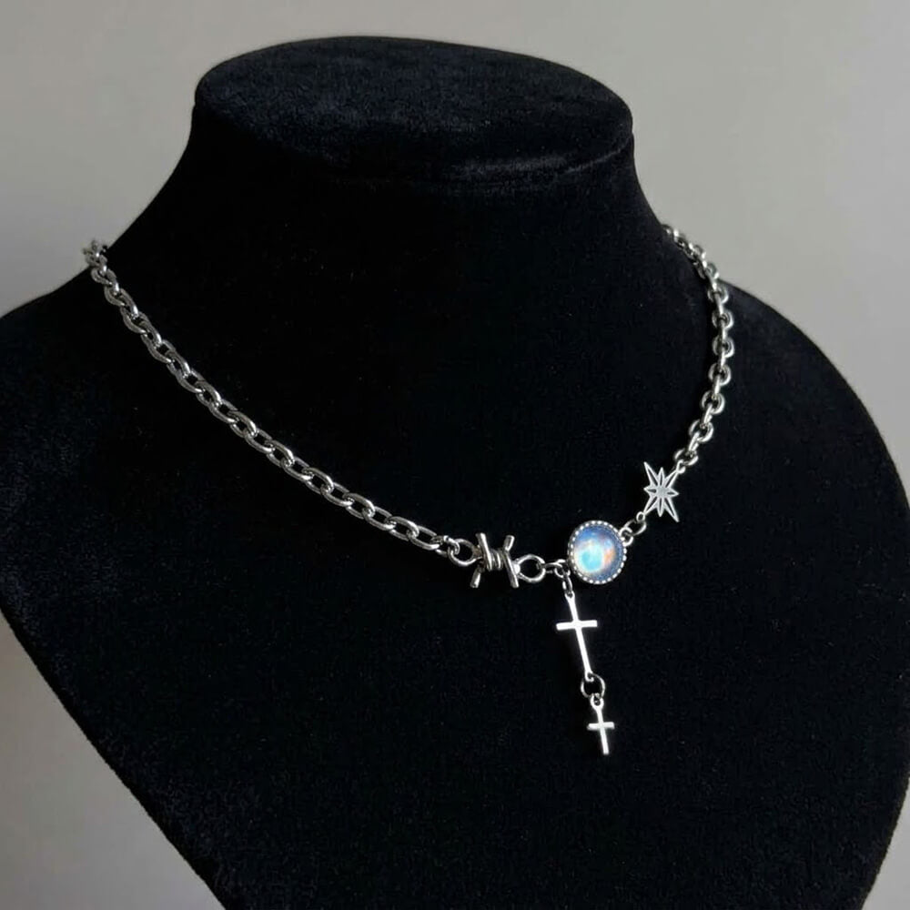 Y2K Polaris Cross Gem Stainless Steel Clavicle Necklace