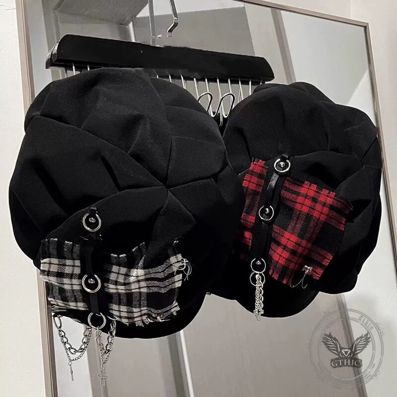Y2K Punk Dark Plaid Cross Chain Beret