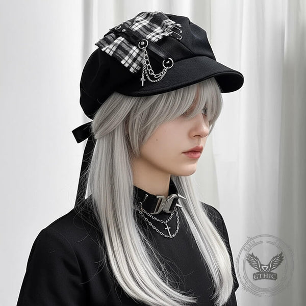 Y2K Punk Dark Plaid Cross Chain Beret | Gthic.com