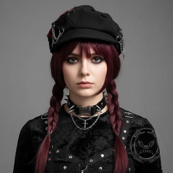 Y2K Punk Dark Plaid Cross Chain Beret | Gthic.com