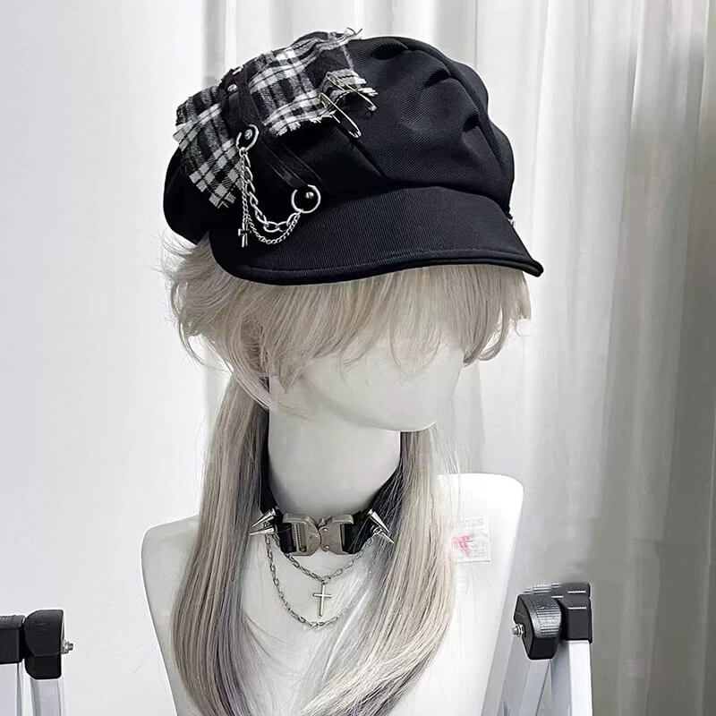 Y2K Punk Dark Plaid Cross Chain Beret