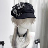 Y2K Punk Dark Plaid Cross Chain Beret