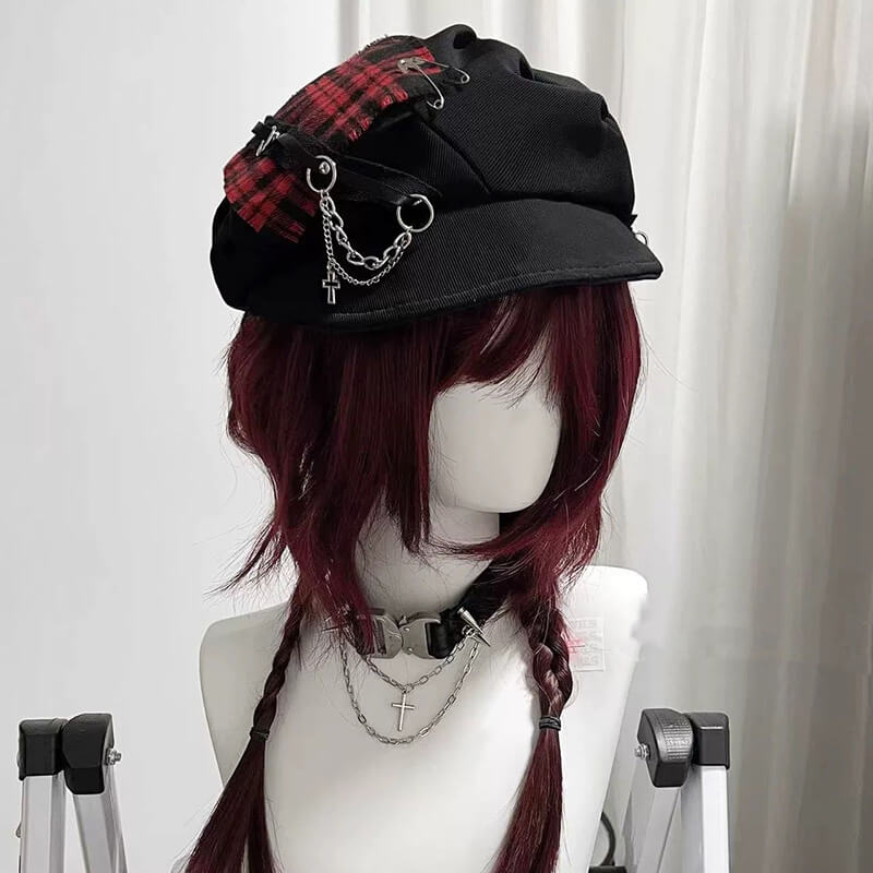 Y2K Punk Dark Plaid Cross Chain Beret